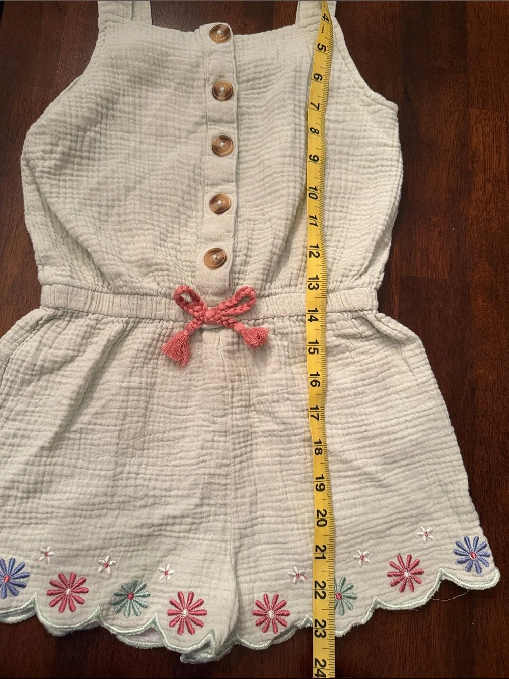 Rachel Zoe Lt Green Romper with Pink Bow and Floral Embroidery